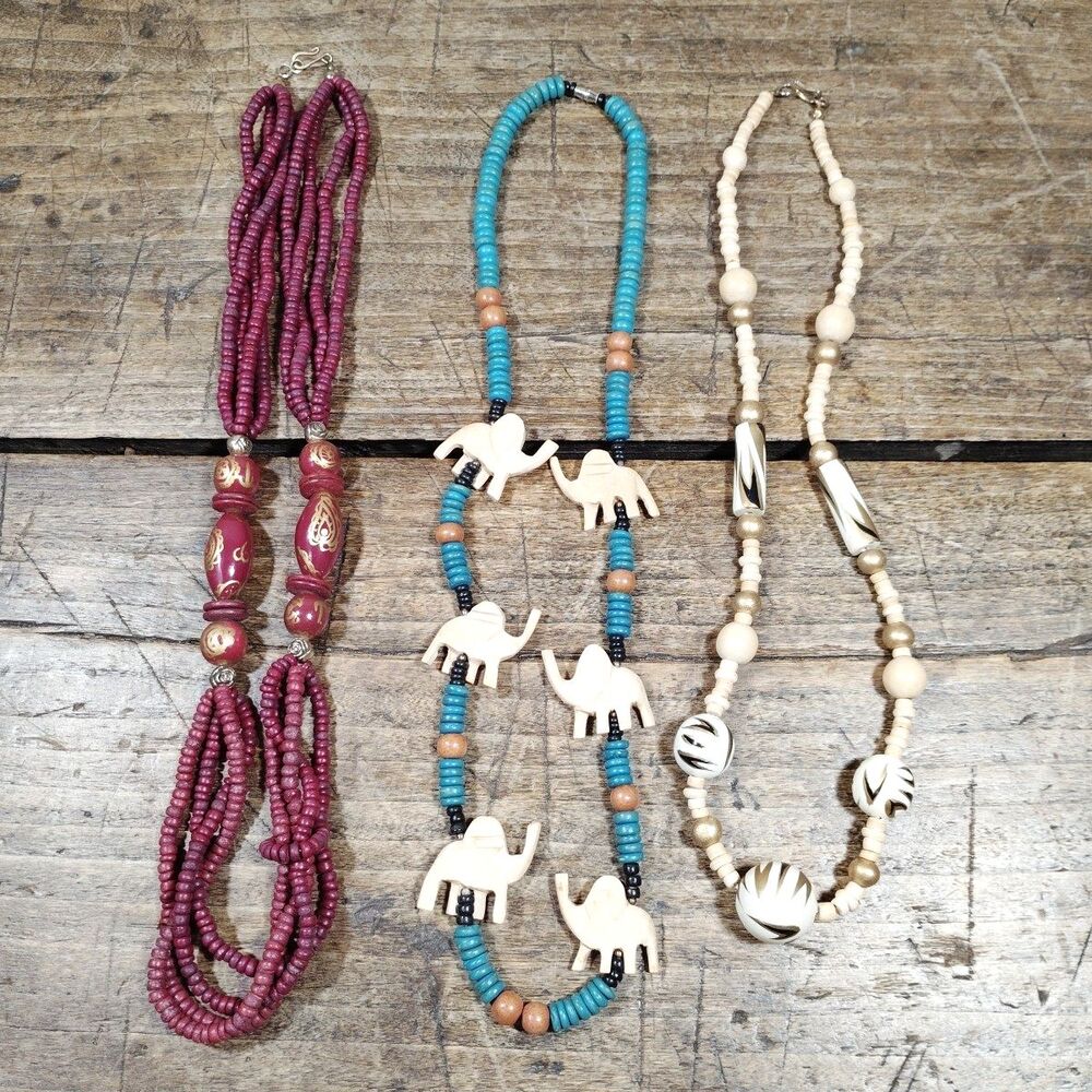 Three Vintage Elephant Necklaces Tribal Wood? Beads Lot Boho Pendants Jewelry